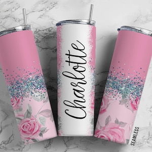 Pink Rose FLower 20oz Sublimation Tumbler Designs, Floral Silver Glitter Split 9.2 x 8.3” Straight Skinny Tumbler Wrap PNG 129