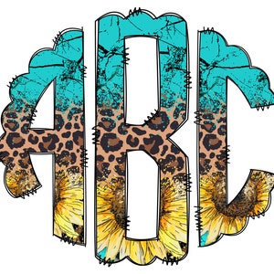 Letras de monograma de leopardo de girassol turquesa, elementos PNG de sublimação azul-petróleo, pacote alfa de rabiscos desenhados à mão, fonte de sublimação de chita PNG
