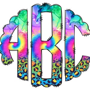 Neon Tye Die Leopard Monogram Letters, Sublimación de salpicaduras de pintura Elementos PNG Dibujado a mano Doodle Alpha Bundle, Fuente de sublimación de guepardo PNG