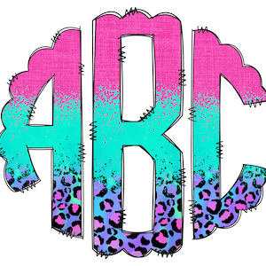 Letras monograma de leopardo de neón, elementos PNG de sublimación en rosa y verde azulado, paquete de garabatos alfa dibujados a mano, fuente PNG de sublimación con estampado de guepardo