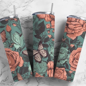 Roses butterflies 20oz Sublimation Tumbler Designs, Floral 9.2 x 8.3” Straight Skinny Tumbler Wrap PNG