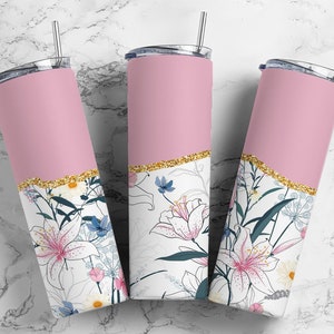 Boho Flower 20oz Sublimation Tumbler Designs, Agate Glitter Pink 9.2 x 8.3” Straight Skinny Tumbler Wrap PNG