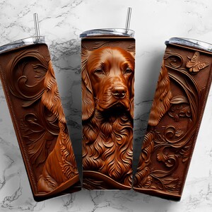 May include: Three stainless steel tumblers with a brown wood-carved design featuring a dog's head and floral accents.