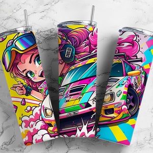 Race Car Neon 20oz Sublimation Tumbler Designs, Girl Racing 9.2 x 8.3” Straight Skinny Tumbler Wrap PNG, Sublimation Design PNG