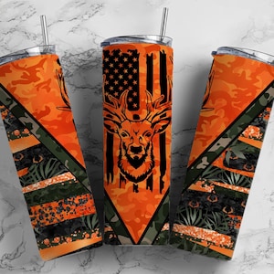 Diseños de vasos de sublimación de 20 oz con bandera de caza de ciervos, vaso recto y delgado de 9,2 x 8,3 pulgadas con diseño de camuflaje naranja, vaso para hombre