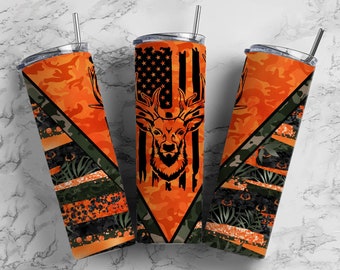 Deer Hunting Flag 20oz Sublimation Tumbler Designs, Camo Orange 9.2 x 8.3” Straight Skinny Tumbler Wrap, Mens Tumbler