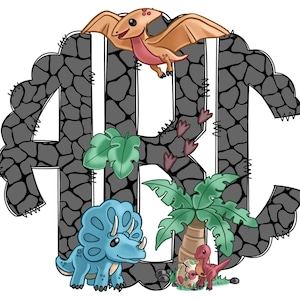 Letras de monograma de dinosaurio, elementos PNG de sublimación de dinosaurio, paquete de garabatos alfa dibujados a mano, fuente PNG de sublimación jurásica