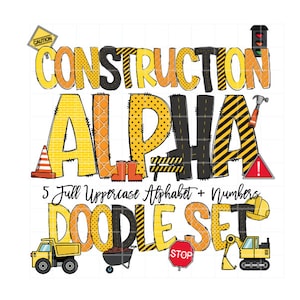 Letras de doodle de construcción con imágenes prediseñadas, imágenes prediseñadas de camiones de niños, imágenes PNG de sublimación, alfabeto de doodle completo en mayúsculas y números PNG