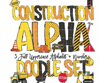 Construction Doodle Letters with Clipart, Boys Truck Clipart, Clipart Sublimation PNGs, Entire Doodle Alphabet Uppercase and Numbers PNG