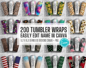 Paquete Mega Glitter con 200 plantillas editables para vasos de Canva. Agrega tu propio nombre. Plantilla de Canva. Diseños de envolturas para vasos sin costuras de 9.2 x 8.3 pulgadas