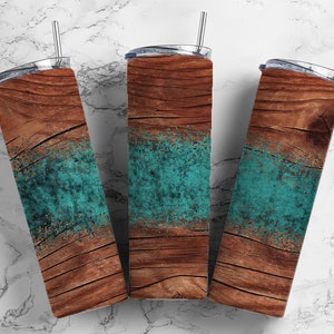 Turquoise Wood Grain 20oz Sublimation Tumbler Designs, Brown Teal Leather 9.2 x 8.3” Straight Skinny Tumbler Wrap, Country Western  PNG