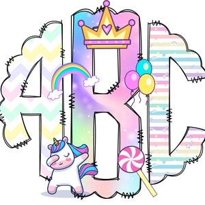 Letras monograma de arcoíris de unicornio, lindos elementos PNG de sublimación, paquete de garabatos alfa dibujados a mano, fuente PNG de sublimación de unicornio