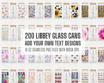 Puede incluir: 200 latas de vidrio Libbey de 16 onzas con varios diseños. Los diseños incluyen mariposas, arcoíris, girasoles, estampado de vaca, estampado de leopardo, tie dye, narvales, margaritas, banderas americanas y rayas. Las latas se muestran con maquetas.