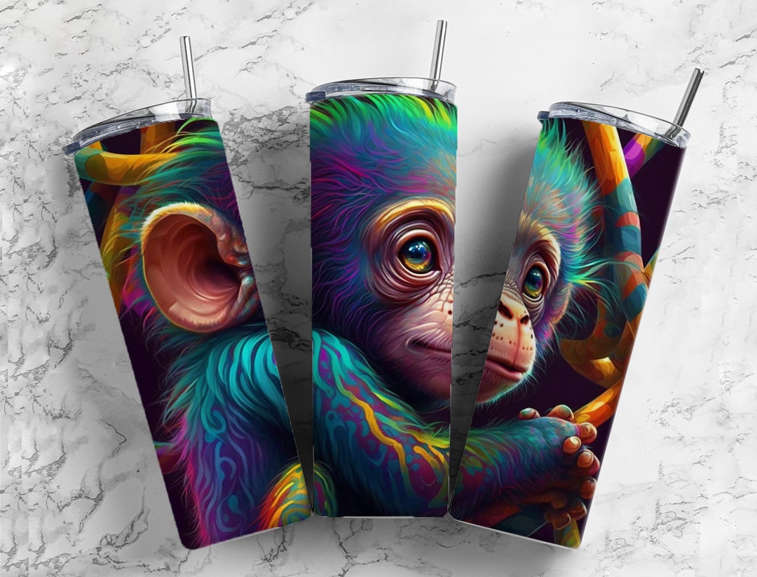Alcohol Ink Monkey 20oz Sublimation Tumbler Designs, Rainbow Chimp 9.2