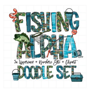 Fishing Doodle Letters, Fishing Alphabet, Alphabet PNG, Entire Doodle Alphabet Uppercase Lowercase Numbers PNG, For Men, Fishing Clip art