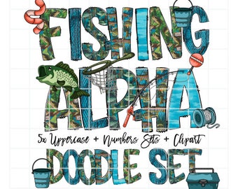 Fishing Doodle Letters, Fishing Alphabet, Alphabet PNG, Entire Doodle Alphabet Uppercase Lowercase Numbers PNG, For Men, Fishing Clip art