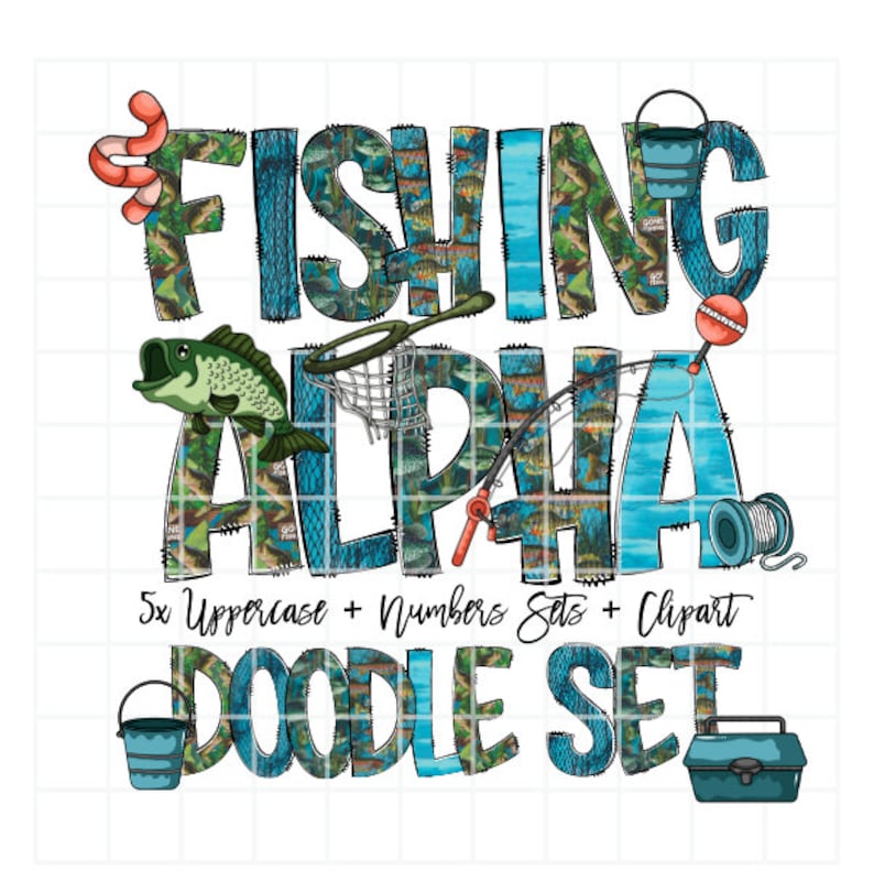 Fishing Doodle Letters, Fishing Alphabet, Alphabet PNG, Entire Doodle Alphabet Uppercase Lowercase Numbers PNG, For Men, Fishing Clip art image 1
