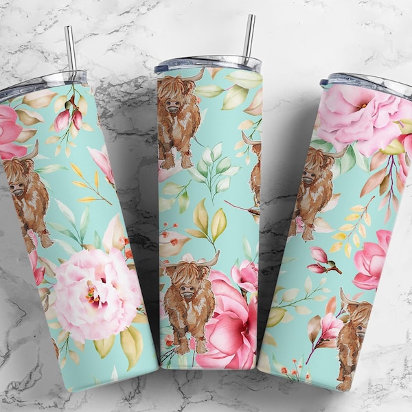 Highland Cow Flower 20oz Sublimation Tumbler Designs, Mint and Pink Flower 9.2 x 8.3” Straight Skinny Tumbler, Minimalist Wrap PNG