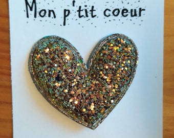 Broche Mon p'tit coeur pailleté doré et argenté