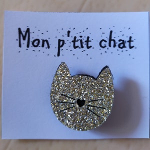 Broche en feutrine pailletée animal Tête de chat doré