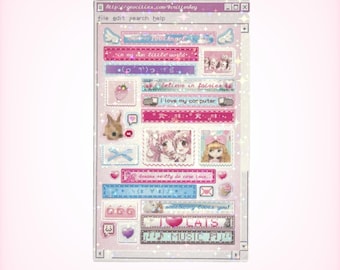 かわいいジオシティーズ風キラキラステッカーシート | 3x5 | ビニール製、耐水性、かわいい、ジャーナリング、Y2K