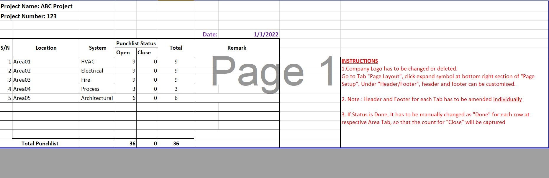 Construction Project Excel Defect List Punchlist Excel - Etsy