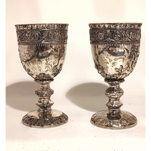 2 Vintage Silverplate Medival Style Wine Goblet Hollowware CORBELL & CO 5" TALL