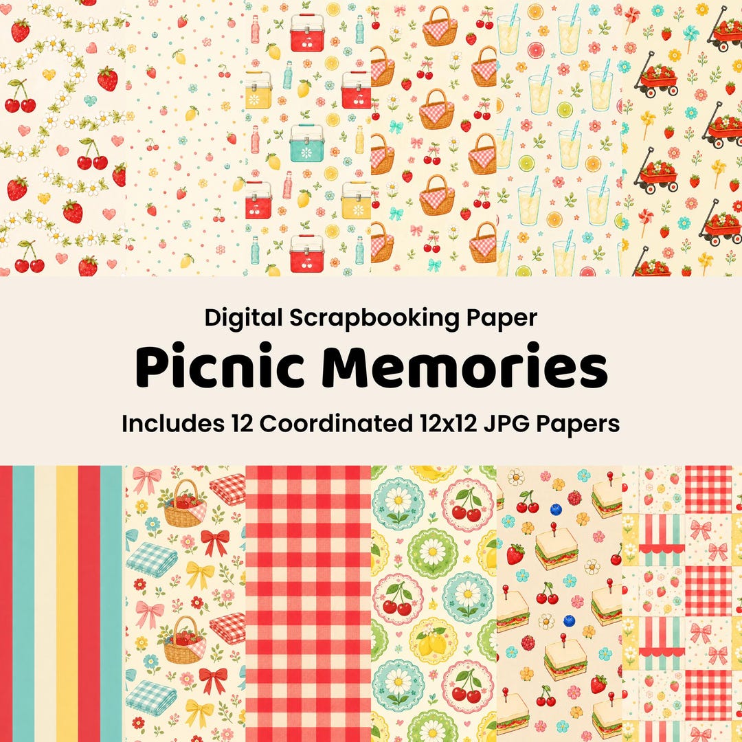 Picnic Pattern Ripped Paper Retro Picnic Digital Paper Pack, Cherry Strawberry Gingham Patterns ...