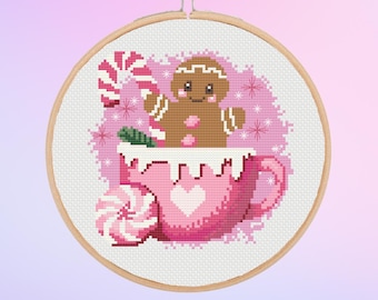 Pink Gingerbread Man in Cup - Cross Stitch Pattern *Pattern Only*