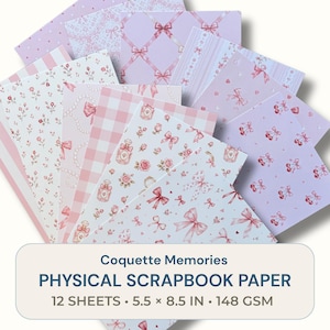 May include: A collection of 12 sheets of physical scrapbook paper, each measuring 14 cm by 21.6 cm with a weight of 148 GSM. The paper features various patterns in shades of pink, white, and lavender, including bows, roses, cherries, and perfume bottles.