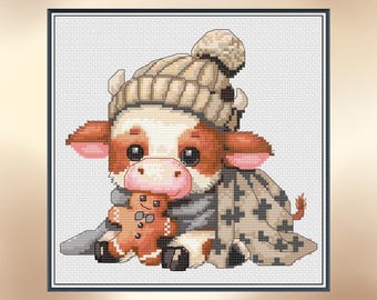 Christmas Cow with Gingerbread Man - Cross Stitch Pattern *Pattern Only*
