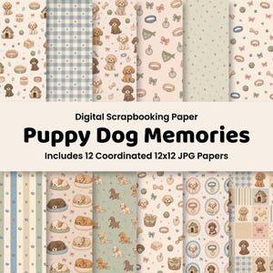 Puede incluir: Conjunto de papel para scrapbooking digital titulado Puppy Dog Memories que incluye 12 archivos JPG coordinados de 12x12 pulgadas. Los patrones muestran ilustraciones de cachorros, casetas, huesos, collares, lazos y huellas en tonos pastel.