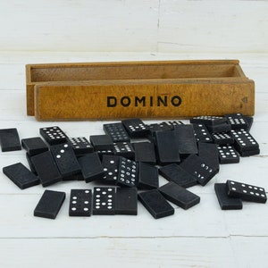 Vintage großes Domino-Spiel - Altes Domino-Spiel - Alte Holzstücke 54er Set in Holzbox - Altes Spiel Familienspiel - Kinderspiel - Erwachsenenspiel