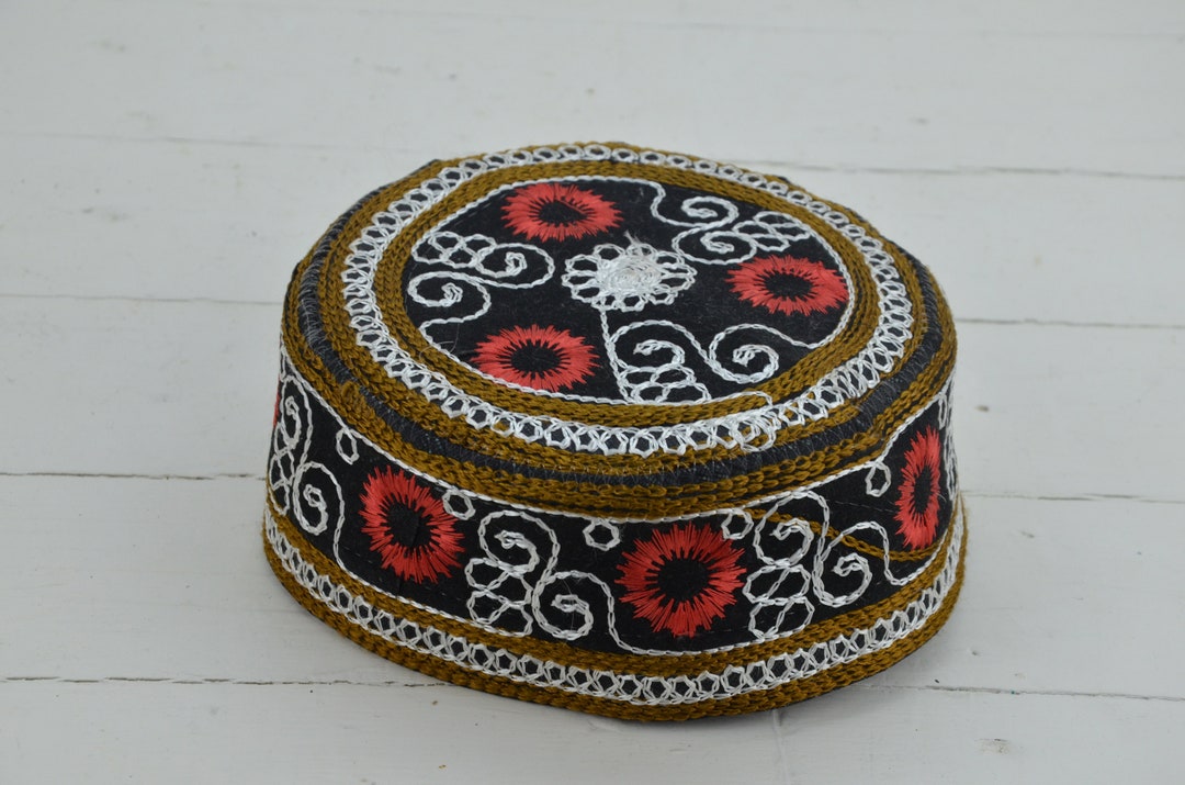 Vintage Traditional Embroidered Maroon Gold Uzbek Tajik Tubeteika Skullcap Hat Uzbek Hat | eBay main image 3
