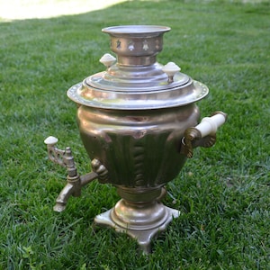 May include: A silver samovar with a white handle and white knobs on top. The samovar is sitting on a bed of green grass.