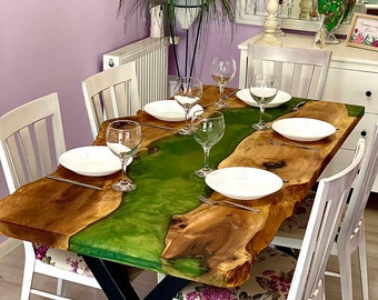Table à manger en résine époxy et noyer - Table à manger - Résine vert olive et masse de noix - Table faite à la main