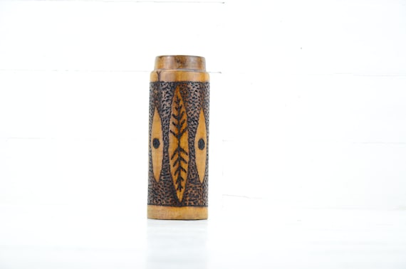 Vintage middle brown wooden vase - Round wooden vase - Middle wooden vase - Handmade pyrographed vase - Handmade vase
