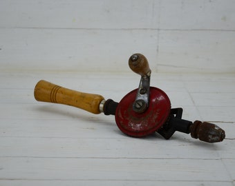 Taladro de madera de mano vintage - Taladro - Taladro metálico - Herramientas vintage - Rústico - Taladro manual taladro de tornillo - Herramienta de colección - Taladro con mango de madera
