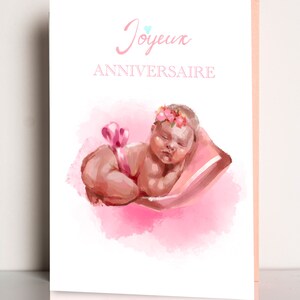 carte de bébé Joyeux Anniversaire style aquarelle,wellcome baby,its a girl