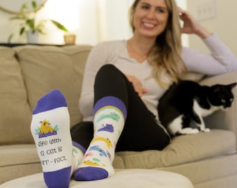 Life with a Cat is Purr-fect, Cat Socks for Women, Gifts for Cat Lovers
