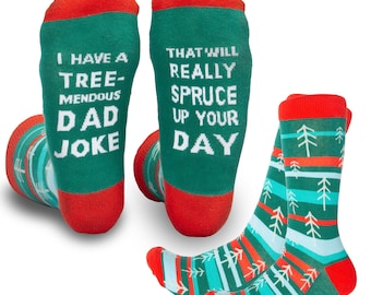 Dad Jokes Christmas Novelty Dress Socks with Joke, 1 Pair of Funny Socks For Men, Funny Christmas Gift for Dad, Tree-mendous Gift for Father