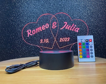 Personalized heart lamp as a romantic partner gift with name engraving as a token of love as an LED light with many colors