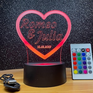 Personalized heart lamp as a romantic partner gift with name engraving as a token of love as an LED light with many colors