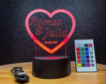 Personalized heart lamp as a romantic partner gift with name engraving as a token of love as an LED light with many colors