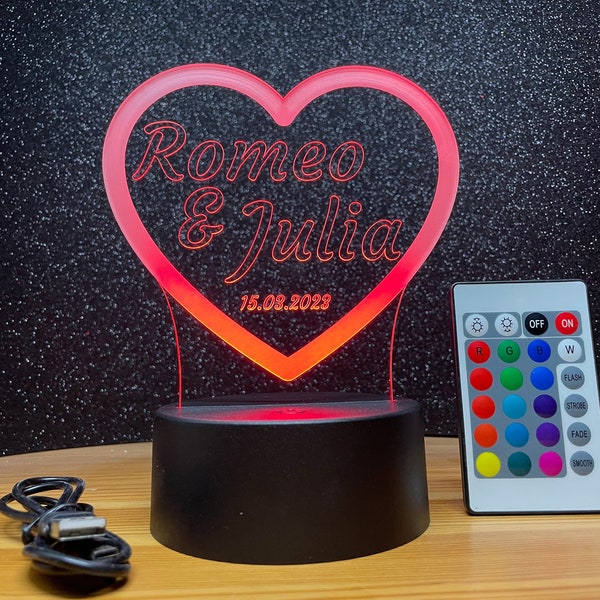 Personalisierte Herz Lampe als romantisches Partner Geschenk mit Namens Gravur als Liebesbeweis als LED Leuchte mit vielen Farben