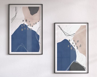 Navy Blue Abstract Art Prints, Modern Minimalist Set (Digital Download)
