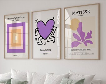 Purple Gallery Wall Art Set Of 3 Prints,  Matisse Poster Set, Purple Color Block Print, Keith Love Poster, Museum Poster, Digital