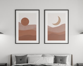 Boho printset zon en maan, abstracte landschapskunst (digitale download)