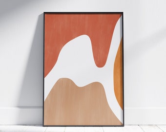 Puede incluir: Impresión de arte abstracto con un marco negro. La impresión presenta un diseño blanco, naranja y marrón con formas orgánicas.