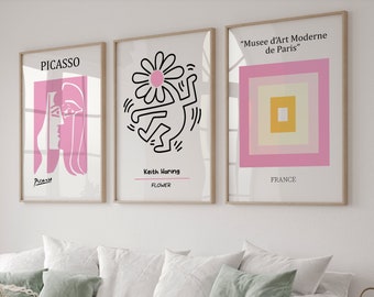 Set of 3 Digital Art, Keith Love Poster, Pink Orange Color Block Print, Picasso Poster Set, Gallery Wall Bundle, Museum Poster, Haring Print